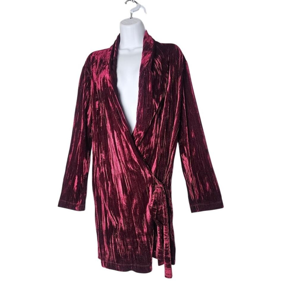 Zara Trafaluc Burgundy Crushed Velvet Faux Wrap Dress or Tunic Long Sleeve Sz‎ S